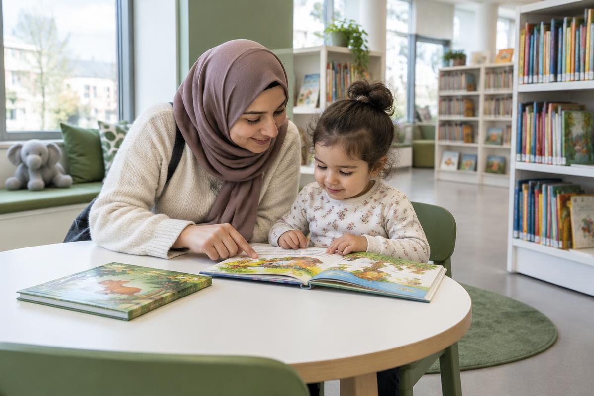 A mother and toddler sharing a picture book in a library